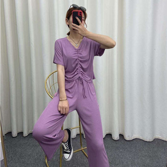 Casual Two-Piece Set with Drawstring Top and Pants
